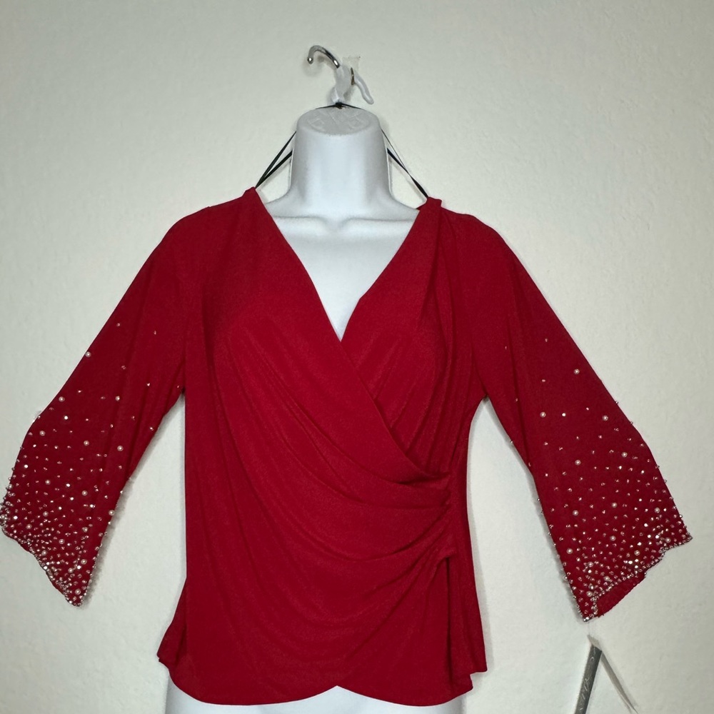NWOT Alex Evenings Red faux Wrap Crystal top S